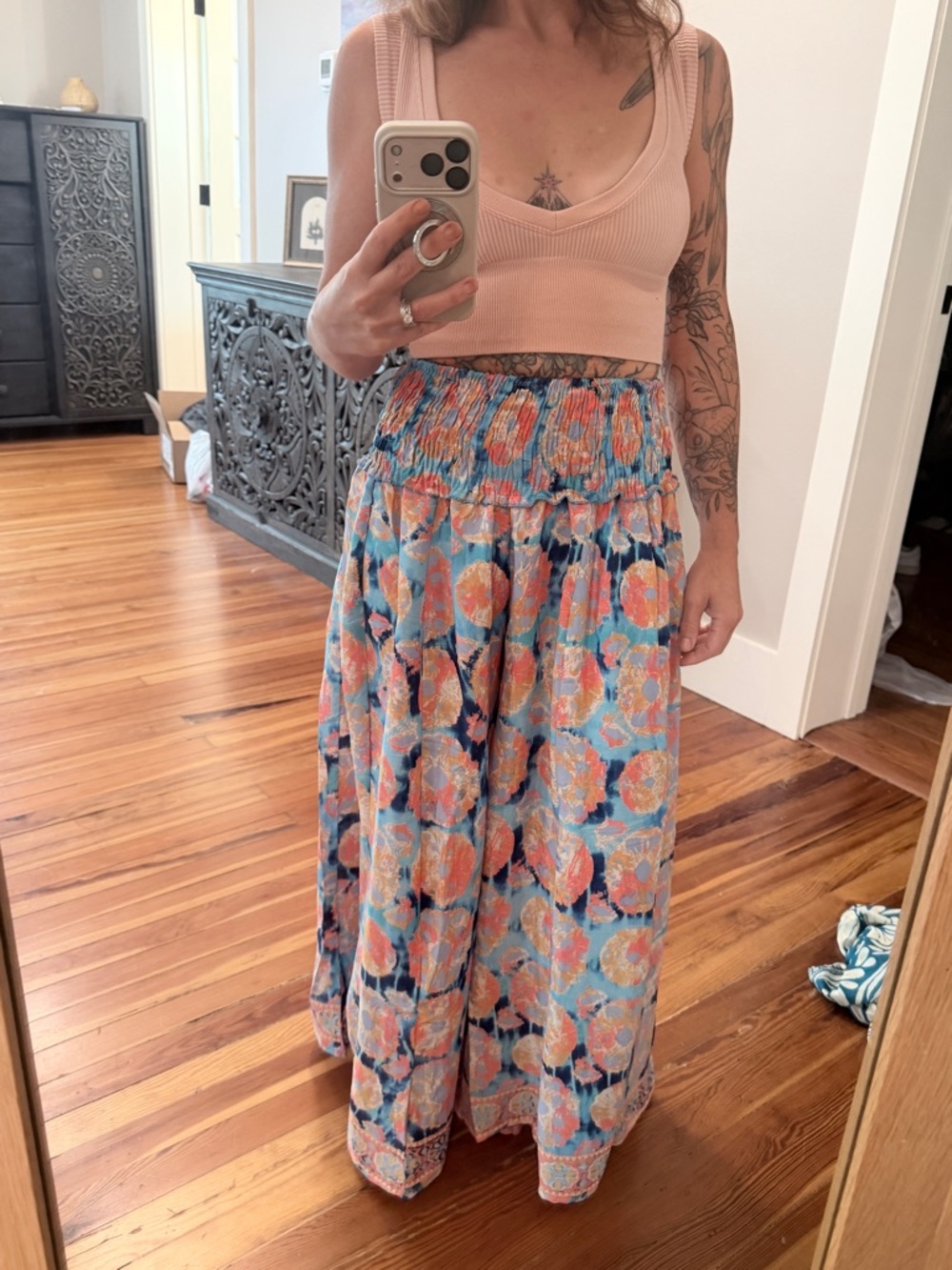 Silky Light Blue and Coral Floral Wide Leg pant - Boho Smocked Waist